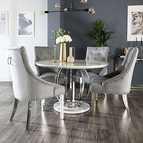 Savoy Round Dining Table & 4 Imperial Chairs, White Marble Effect & Chrome, Grey Classic Velvet, 120cm