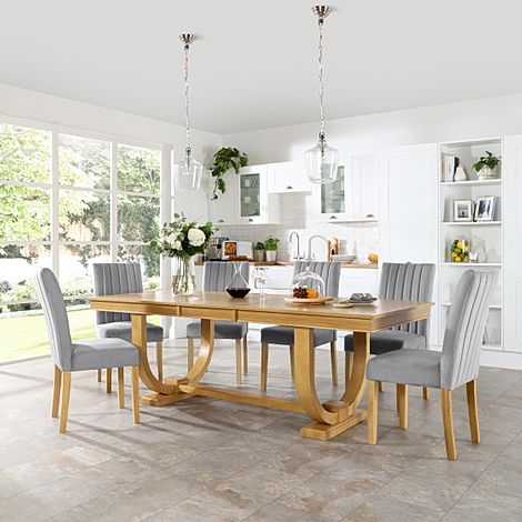 Pavilion Oak Extending Dining Table with 6 Salisbury Grey Velvet Chairs