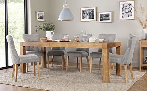 Cambridge Extending Dining Table & 8 Bewley Chairs, Natural Oak Veneer & Solid Hardwood, Light Grey Classic Linen-Weave Fabric & Natural Oak Finished Solid Hardwood, 175-220cm