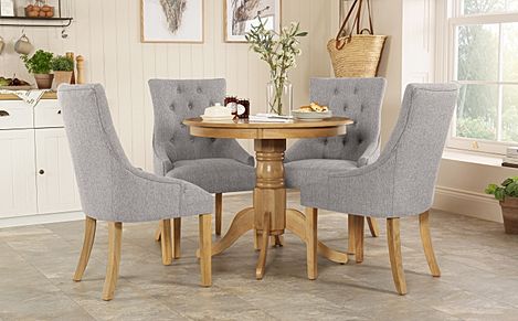 Kingston Round Dining Table & 4 Duke Chairs, Natural Oak Finished Solid Hardwood, Light Grey Classic Linen-Weave Fabric, 90cm