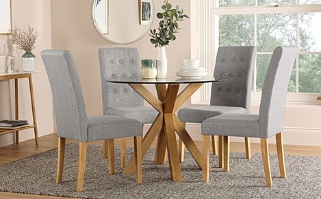 Hatton Round Dining Table & 4 Regent Chairs, Glass & Natural Oak Finished Solid Hardwood, Light Grey Classic Linen-Weave Fabric, 100cm