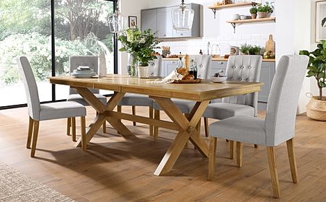 Grange Extending Dining Table & 8 Regent Chairs, Natural Oak Veneer & Solid Hardwood, Light Grey Classic Linen-Weave Fabric & Natural Oak Finished Solid Hardwood, 180-220cm