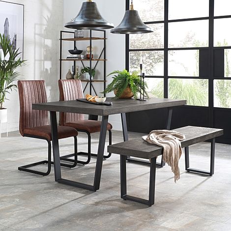 Addison Dining Table, Bench & 4 Perth Chairs, Grey Oak Veneer & Black Steel, Tan Classic Faux Leather, 150cm