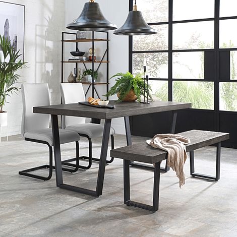 Addison Dining Table, Bench & 2 Perth Chairs, Grey Oak Veneer & Black Steel, Light Grey Classic Faux Leather, 150cm