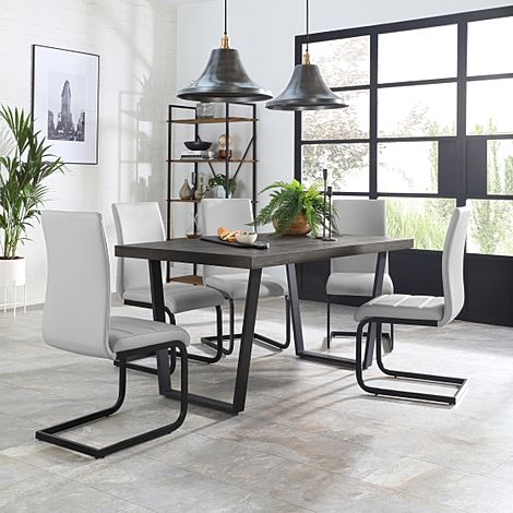 Addison Dining Table & 6 Perth Chairs, Grey Oak Veneer & Black Steel, Light Grey Classic Faux Leather, 150cm