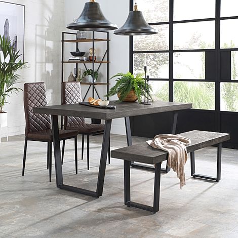 Addison Dining Table, Bench & 4 Renzo Chairs, Grey Oak Veneer & Black Steel, Vintage Brown Classic Faux Leather, 150cm