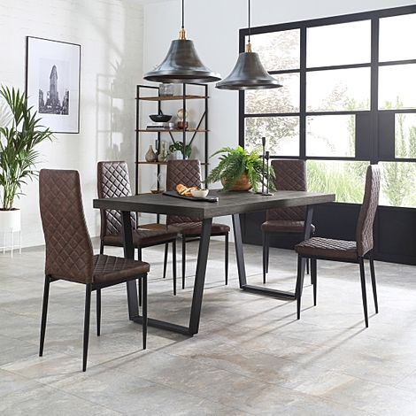 Addison Dining Table & 6 Renzo Chairs, Grey Oak Veneer & Black Steel, Vintage Brown Classic Faux Leather, 150cm