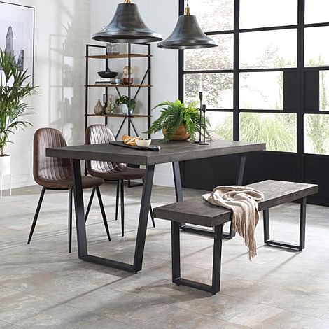Addison Dining Table, Bench & 2 Brooklyn Chairs, Grey Oak Veneer & Black Steel, Vintage Brown Classic Faux Leather, 150cm