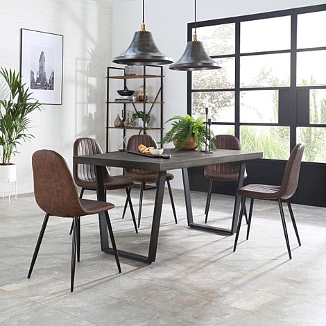 Addison Dining Table & 6 Brooklyn Chairs, Grey Oak Veneer & Black Steel, Vintage Brown Classic Faux Leather, 150cm