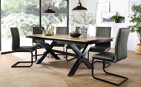 Grange Extending Dining Table & 6 Perth Chairs, Natural Oak Veneer & Black Solid Hardwood, Vintage Grey Classic Faux Leather & Black Steel, 180-220cm