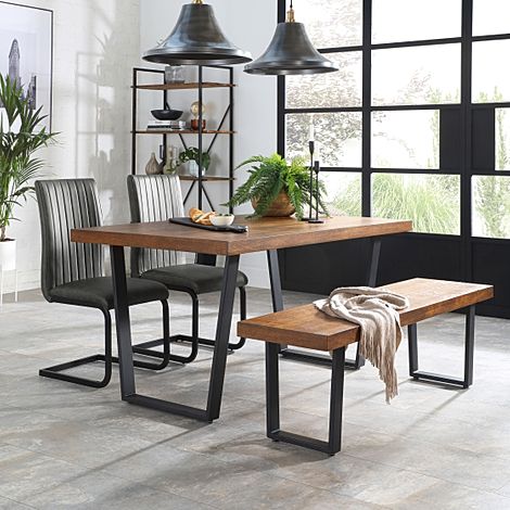 Addison Industrial Dining Table, Bench & 2 Perth Chairs, Dark Oak Veneer & Black Steel, Vintage Grey Classic Faux Leather, 150cm