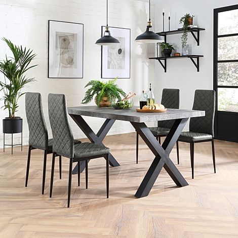 Franklin Industrial Dining Table & 4 Renzo Chairs, Grey Concrete Effect & Black Steel, Vintage Grey Classic Faux Leather, 150cm