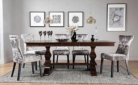 Cavendish Extending Dining Table & 6 Kensington Chairs, Dark Oak Veneer & Solid Hardwood, Silver Crushed Velvet & Black Solid Hardwood, 160-200cm