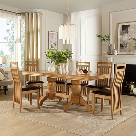 Chatsworth Extending Dining Table & 4 Bali Chairs, Natural Oak Finished Birch Veneer & Solid Hardwood, Brown Classic Faux Leather & Natural Oak Finished Solid Hardwood, 150-180cm