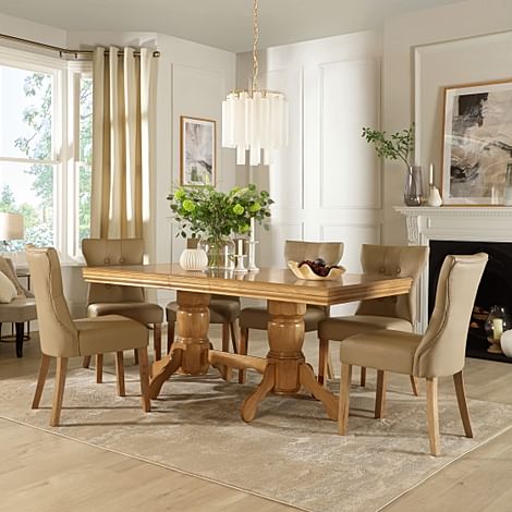 Chatsworth Extending Dining Table & 4 Bewley Chairs, Natural Oak Finished Birch Veneer & Solid Hardwood, Stone Grey Classic Faux Leather & Natural Oak Finished Solid Hardwood, 150-180cm