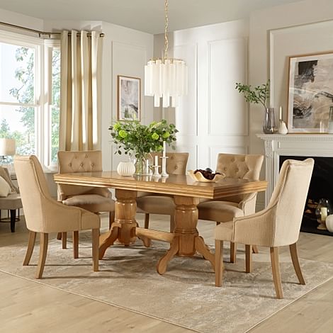 Chatsworth Extending Dining Table & 6 Duke Chairs, Natural Oak Finished Birch Veneer & Solid Hardwood, Oatmeal Classic Linen-Weave Fabric & Natural Oak Finished Solid Hardwood, 150-180cm