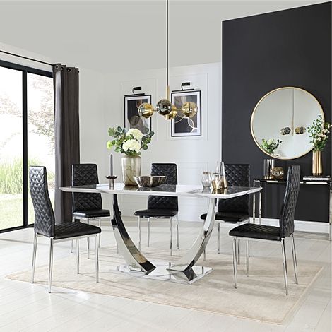 Peake Dining Table & 6 Renzo Chairs, White Marble Effect & Chrome, Black Classic Faux Leather, 160cm