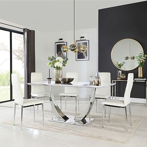 Peake Dining Table & 6 Renzo Chairs, White Marble Effect & Chrome, White Classic Faux Leather, 160cm