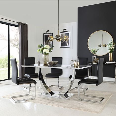 Peake Dining Table & 4 Perth Chairs, White Marble Effect & Chrome, Black Classic Faux Leather, 160cm