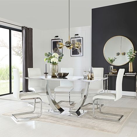 Peake Dining Table & 4 Perth Chairs, White Marble Effect & Chrome, White Classic Faux Leather, 160cm