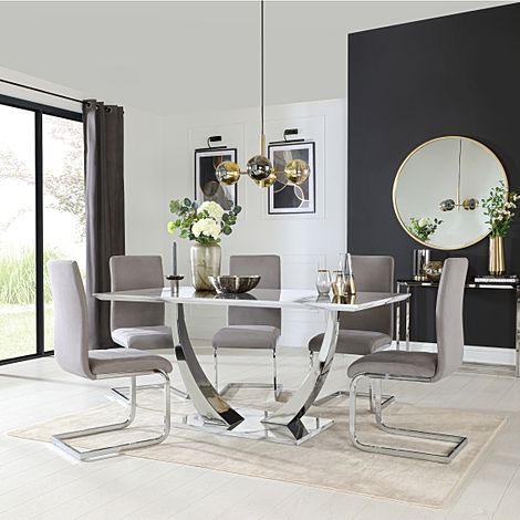 Peake Dining Table & 4 Perth Chairs, White Marble Effect & Chrome, Grey Classic Velvet, 160cm