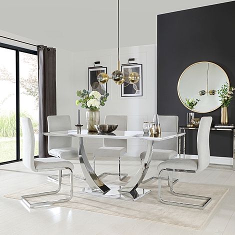 Peake Dining Table & 6 Perth Chairs, White Marble Effect & Chrome, Dove Grey Classic Plush Fabric, 160cm