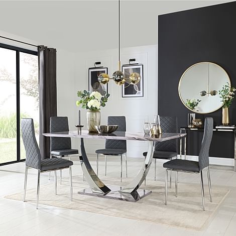 Peake Dining Table & 4 Renzo Chairs, Grey Marble Effect & Chrome, Grey Classic Faux Leather, 160cm