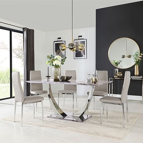 Peake Dining Table & 4 Renzo Chairs, Grey Marble Effect & Chrome, Stone Grey Classic Faux Leather, 160cm