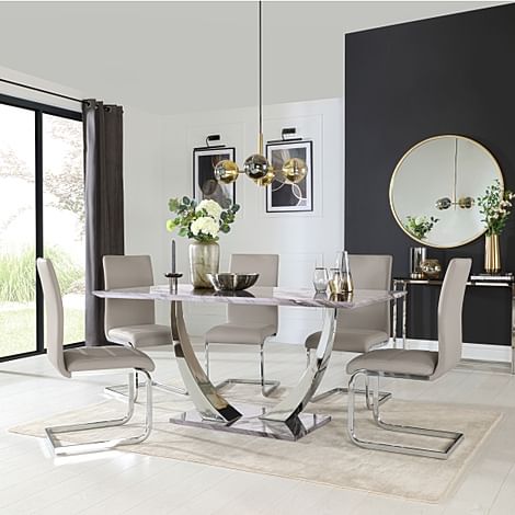 Peake Dining Table & 4 Perth Chairs, Grey Marble Effect & Chrome, Stone Grey Classic Faux Leather, 160cm