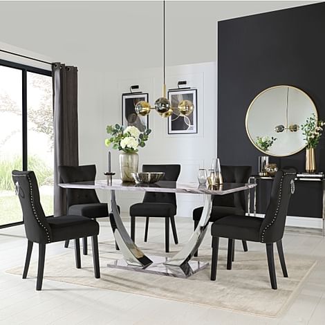 Peake Dining Table & 6 Kensington Chairs, Grey Marble Effect & Chrome, Black Classic Velvet & Black Solid Hardwood, 160cm