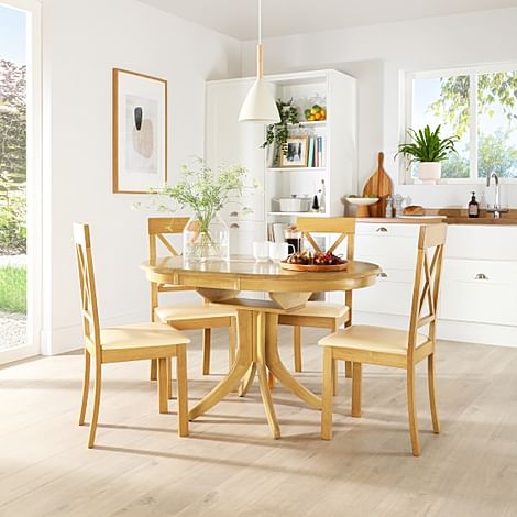 Hudson Round Extending Dining Table & 4 Kendal Chairs, Natural Oak Finished Solid Hardwood, Ivory Classic Faux Leather, 90-120cm