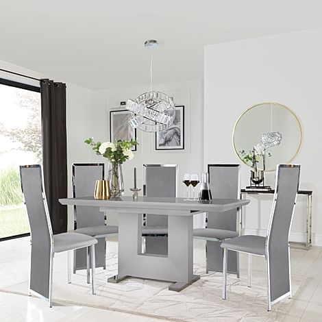 Florence Extending Dining Table & 4 Celeste Chairs, Grey High Gloss, Grey Classic Velvet & Chrome, 120-160cm