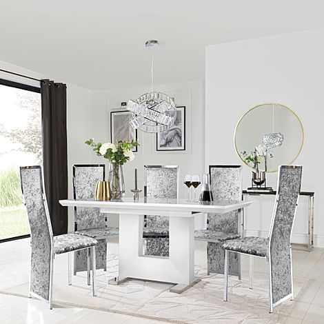 Florence Extending Dining Table & 4 Celeste Chairs, White High Gloss, Silver Crushed Velvet & Chrome, 120-160cm