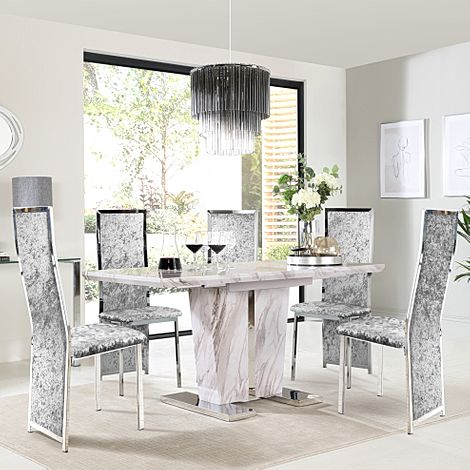 Vienna Extending Dining Table & 4 Celeste Chairs, Grey Marble Effect, Silver Crushed Velvet & Chrome, 120-160cm