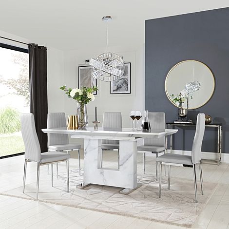 Florence Extending Dining Table & 6 Leon Chairs, White Marble Effect, Light Grey Classic Faux Leather & Chrome, 120-160cm