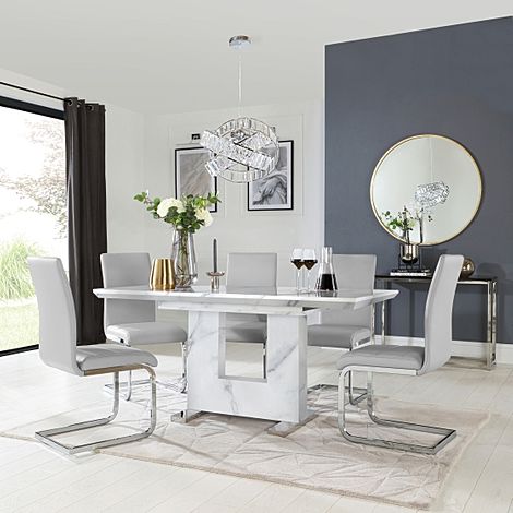 Florence Extending Dining Table & 6 Perth Chairs, White Marble Effect, Light Grey Classic Faux Leather & Chrome, 120-160cm