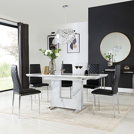 Florence Extending Dining Table & 4 Renzo Chairs, White Marble Effect, Black Classic Faux Leather & Chrome, 120-160cm