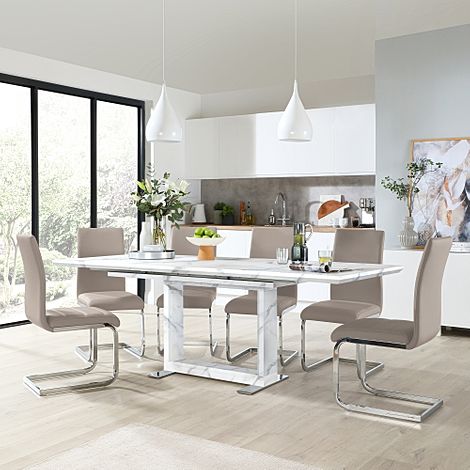 Tokyo Extending Dining Table & 6 Perth Chairs, White Marble Effect, Stone Grey Classic Faux Leather & Chrome, 160-220cm