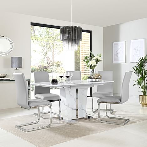 Vienna Extending Dining Table & 6 Perth Chairs, White Marble Effect, Light Grey Classic Faux Leather & Chrome, 120-160cm