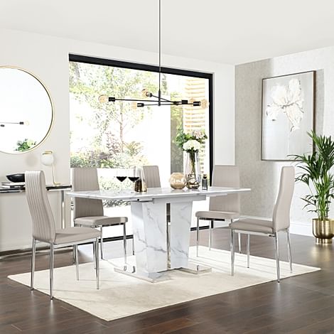Vienna Extending Dining Table & 4 Leon Chairs, White Marble Effect, Stone Grey Classic Faux Leather & Chrome, 120-160cm