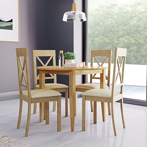 Finley Round Oak Dining Table with 4 Kendal Chairs (Ivory Leather Seat ...