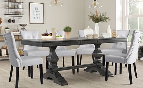 Cavendish Extending Dining Table & 4 Kensington Chairs, Grey Oak Veneer & Solid Hardwood, Light Grey Classic Faux Leather & Black Solid Hardwood, 160-200cm