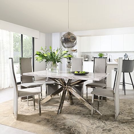 Zurich Grey Marble and Chrome Dining Table with 4 Celeste Grey Velvet ...