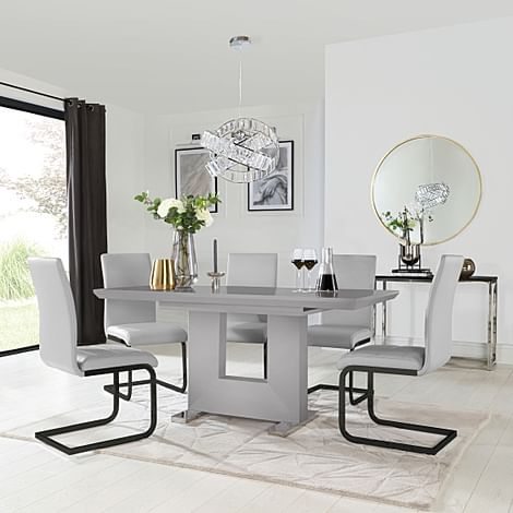 Florence Extending Dining Table & 6 Perth Chairs, Grey High Gloss, Light Grey Classic Faux Leather & Black Steel, 120-160cm