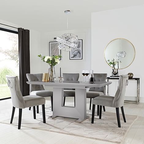 Florence Extending Dining Table & 6 Kensington Chairs, Grey High Gloss, Grey Classic Velvet & Black Solid Hardwood, 120-160cm