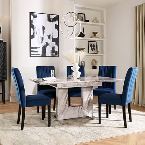 Florence Extending Dining Table & 4 Salisbury Chairs, Grey Marble Effect, Blue Classic Velvet & Black Solid Hardwood, 120-160cm