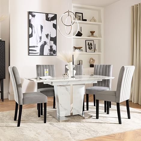 Hudson Round Extending Dining Table & 6 Bewley Chairs, Natural Oak Finish &  Grey Solid Hardwood, Grey Classic Velvet, 90-120cm Only £749.99