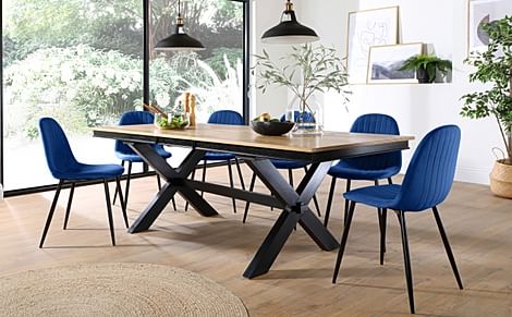 Grange Extending Dining Table & 4 Brooklyn Chairs, Natural Oak Veneer & Black Solid Hardwood, Blue Classic Velvet & Black Steel, 180-220cm