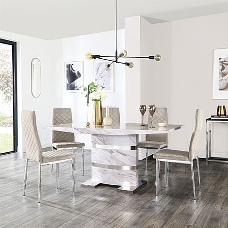 Komoro Dining Table & 6 Renzo Chairs, Grey, Chrome, Marble Effect 