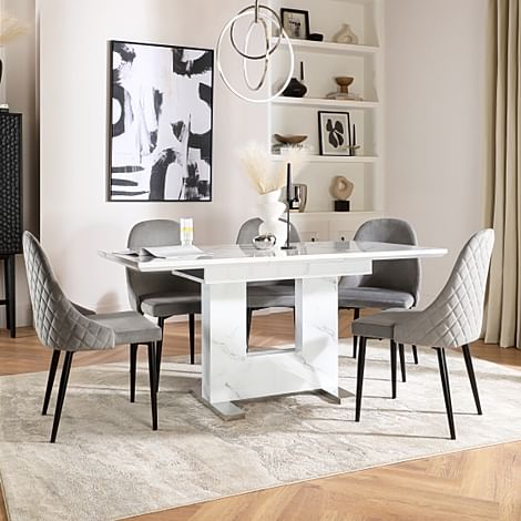 Florence Extending Dining Table & 6 Ricco Chairs, White Marble Effect, Grey Classic Velvet & Black Steel, 120-160cm